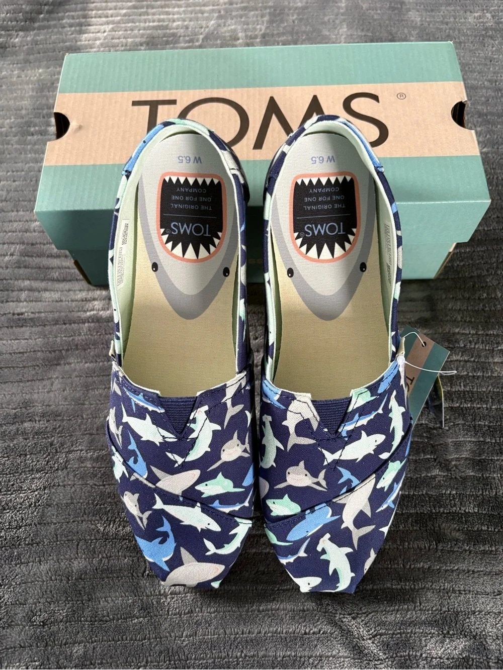 TOMS Women’s Navy Canvas Alpargata Slip-On Shoes with Shark Print